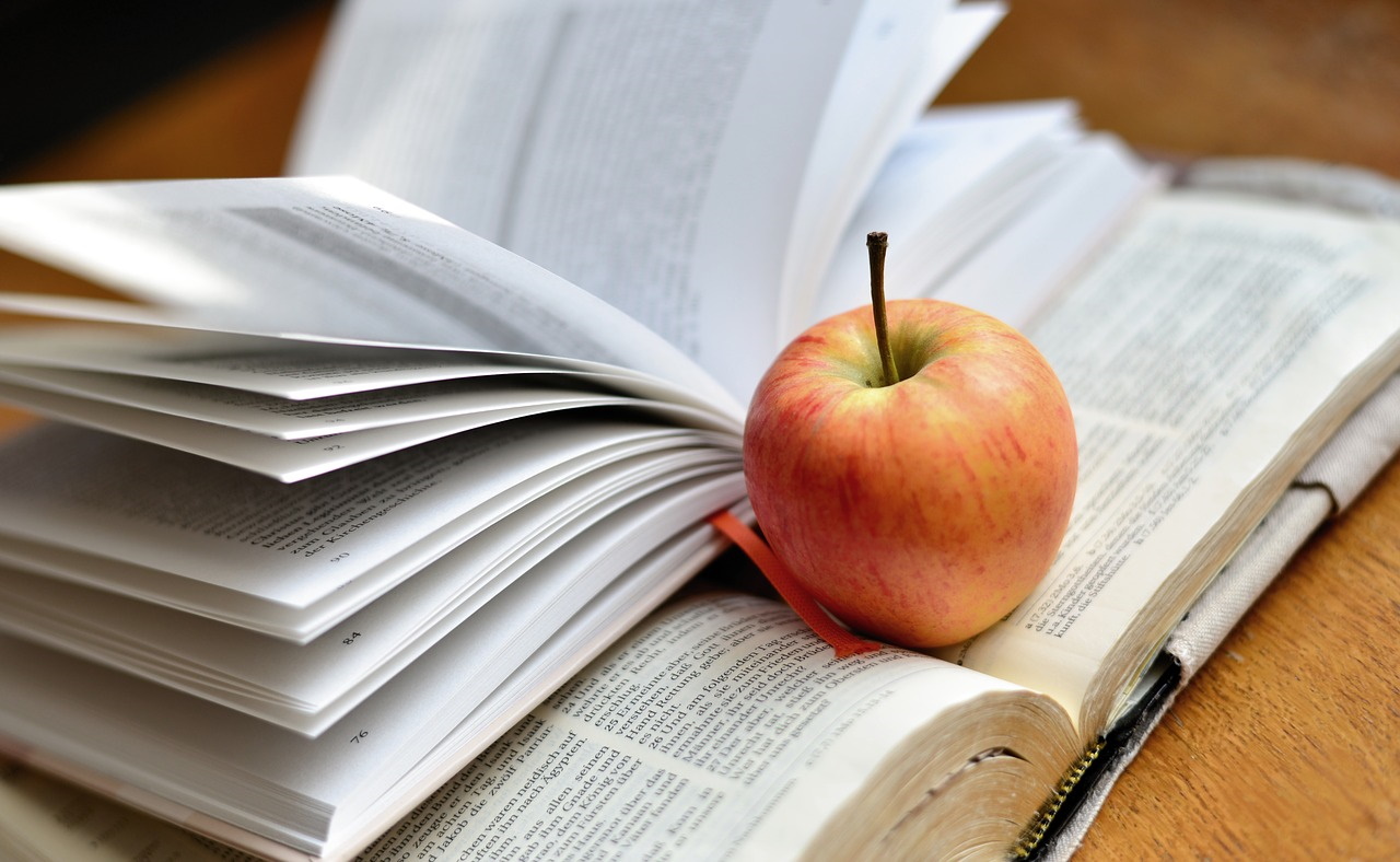 An apple resting upon two open books